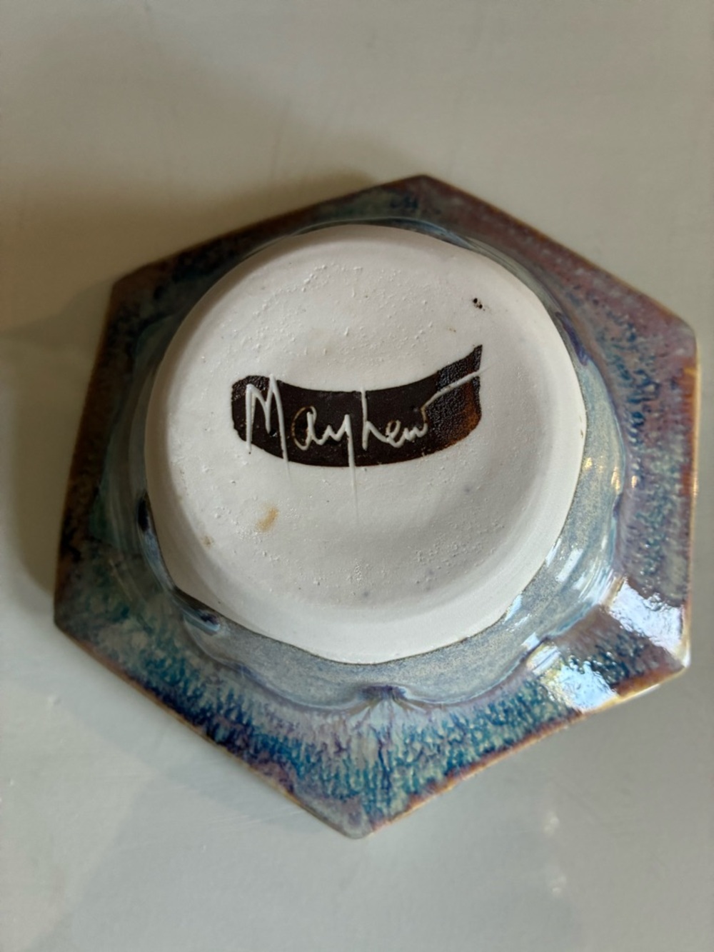 Phil Mayhew Vintage Signed MCM Hexagonal Drip Glaze Ceramic Pottery Dish Bowl - Picture 5 of 6